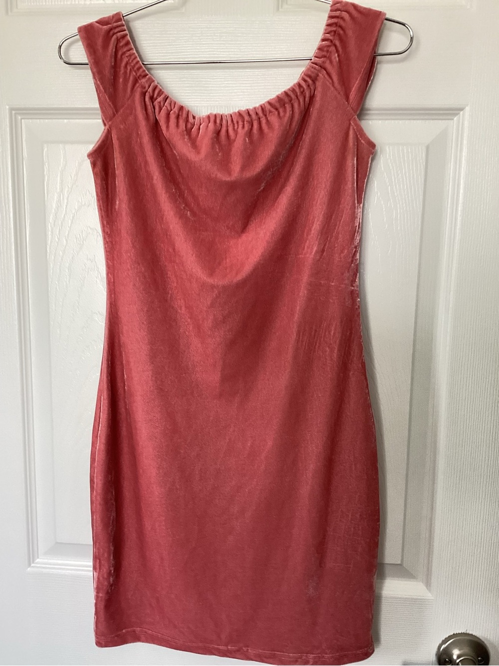 boatneck off the shoulder velvet Dress in Rose Coral